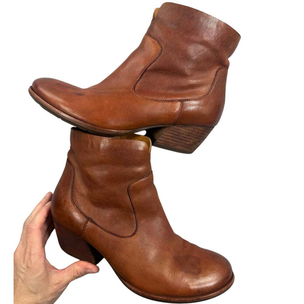 Kork-Ease Boots Block Heel Western Ankle Cognac Brown Leather 7M